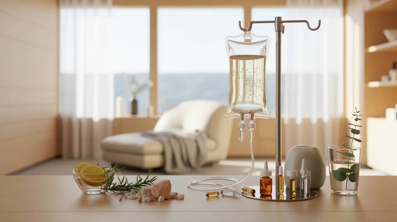 IV therapy setup with vitamins and nutrients, intravenous therapy concept with wellness elements and medical equipment