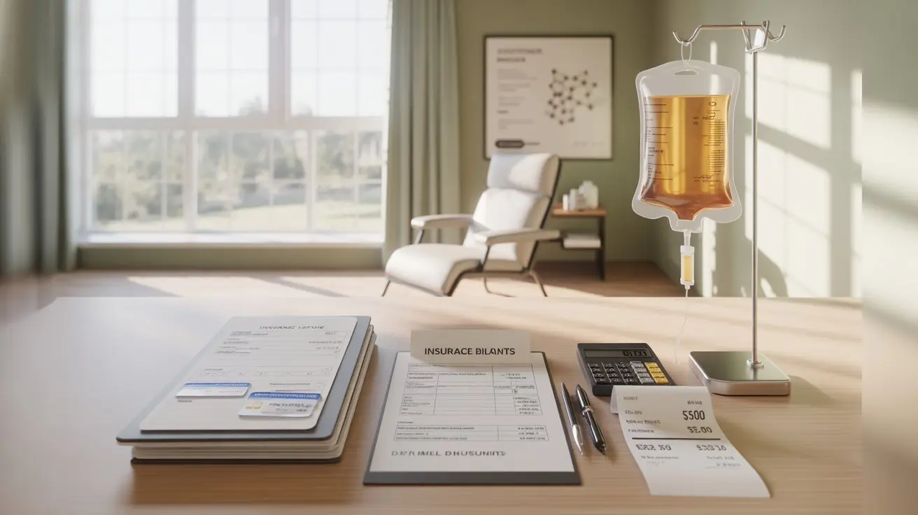 NAD IV therapy cost and insurance coverage concept, medical billing documents with IV bag, healthcare financial planning visual