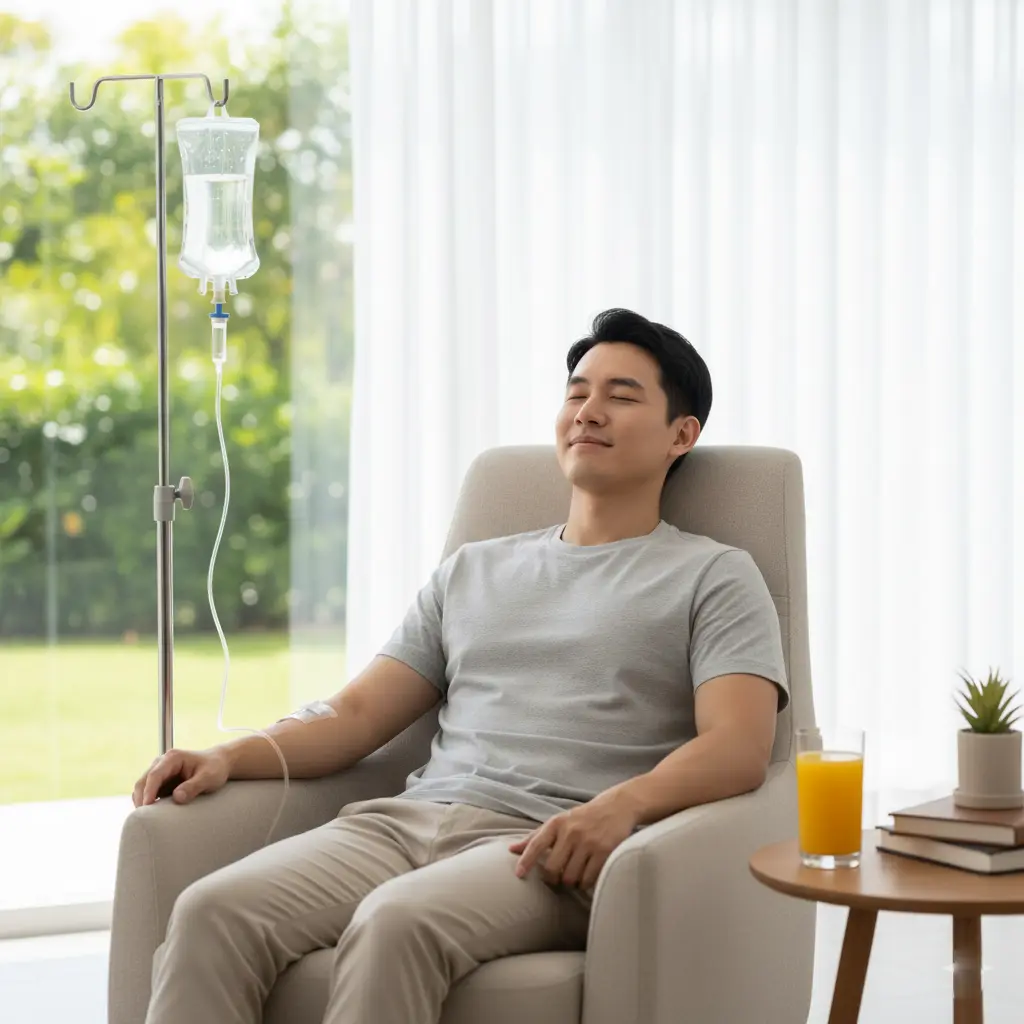 A healthcare professional at a wellness clinic preparing a nutrient-rich IV-Hydration bag for a patient treatment session.
