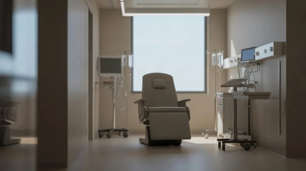 Neutral clinical treatment room illustrating how a ketamine clinic manages patient comfort while preserving treatment integrity