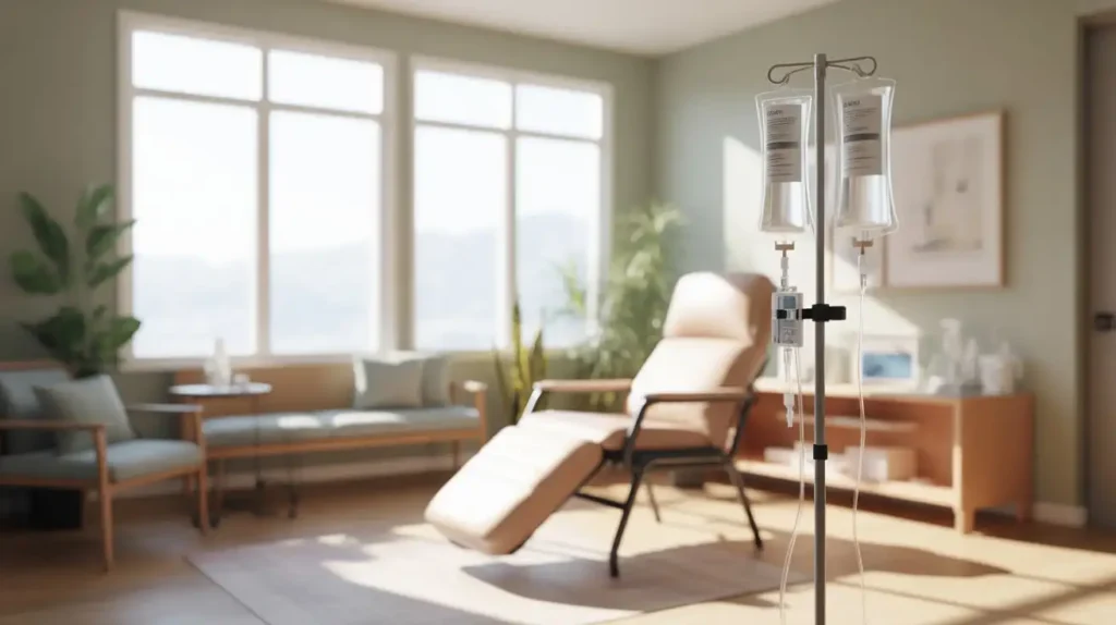 clinic room designed for ketamine infusion therapy, illustrating how ketamine infusions support PTSD and anxiety symptom relief in a calm medical setting