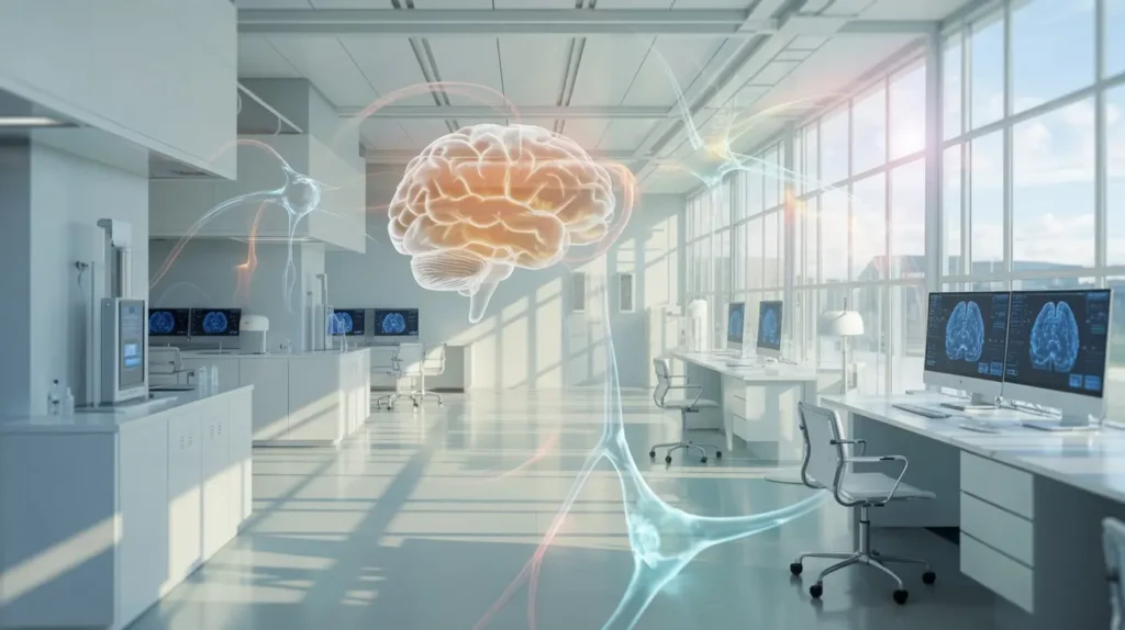 Photorealistic illustration of a modern clinical room with neural network visuals representing ketamine therapy supporting neuroplasticity and mood regulation
