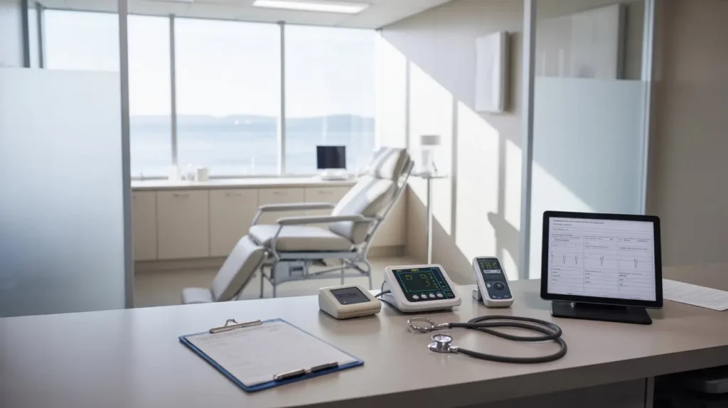 Medical evaluation room at a ketamine clinic used for assessing common neurological and mental health conditions