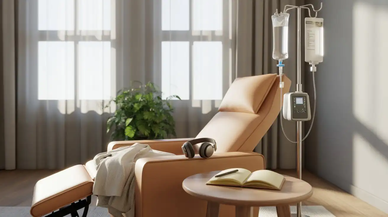Modern medical therapy room prepared for a ketamine infusion session with recliner chair, IV setup, and calming daylight environment.