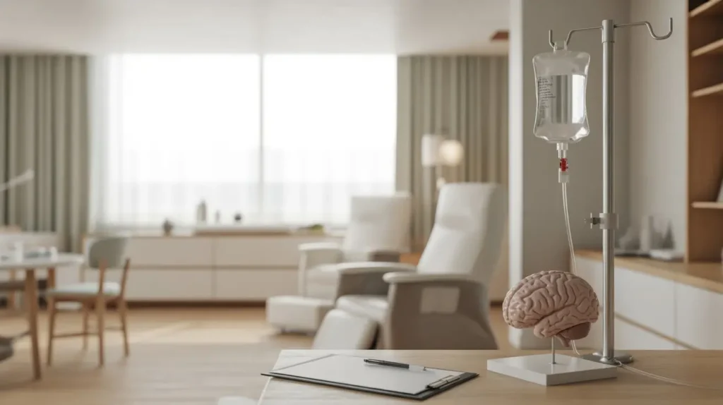 Modern ketamine infusion therapy room with IV setup and anatomical brain model representing depression treatment and neuroplasticity.