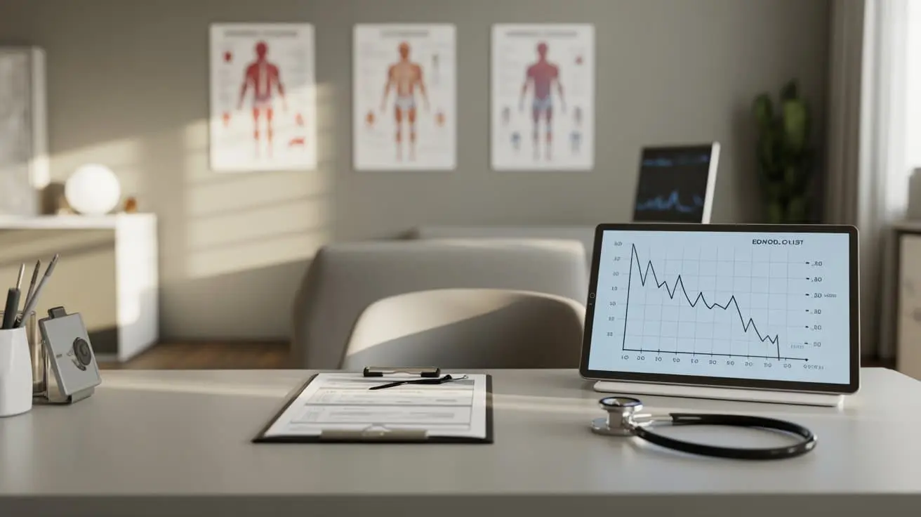 Medical clinic setting showing hormone test reports and endocrine charts representing how a Low T clinic manages gradual testosterone decline over time