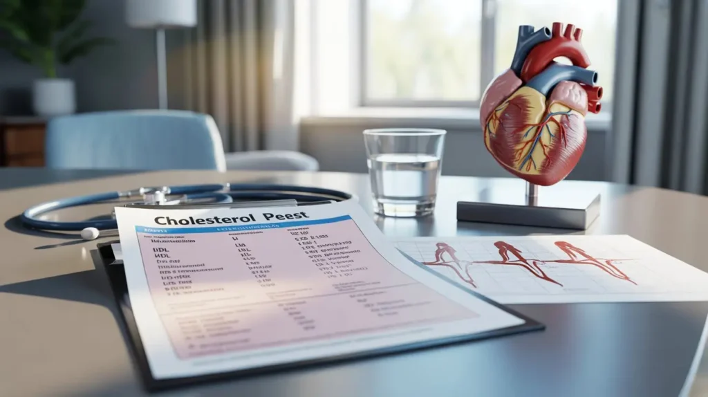 Cholesterol and lipid profile report with heart model illustrating how testosterone therapy affects lipid levels in men