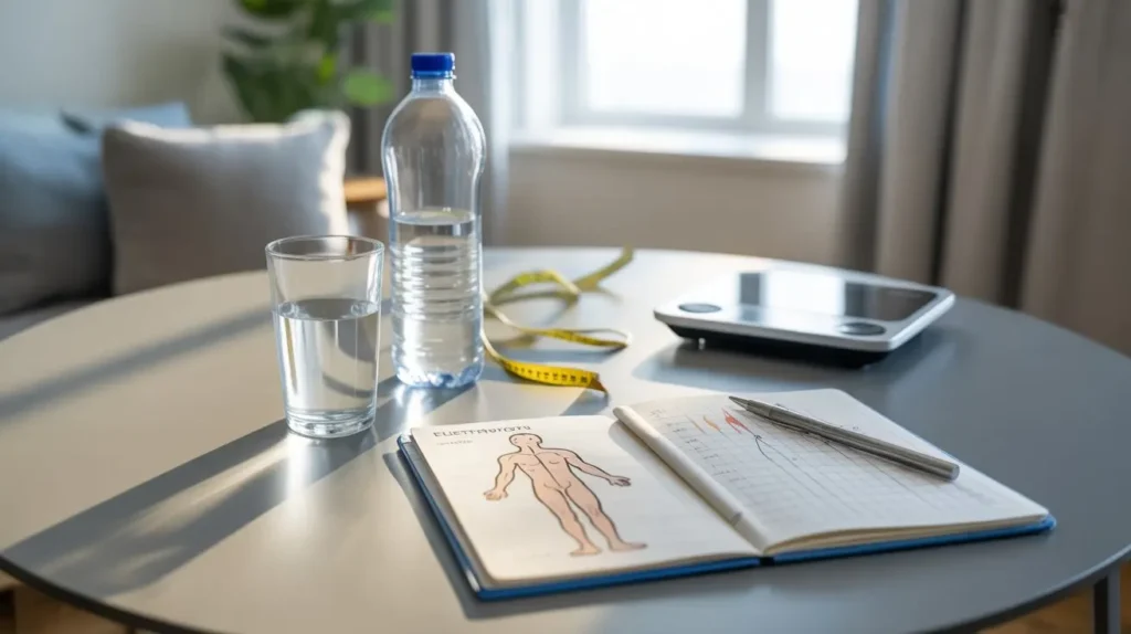 Hydration setup with water and electrolyte balance concept illustrating fluid retention and hydration changes during testosterone therapy