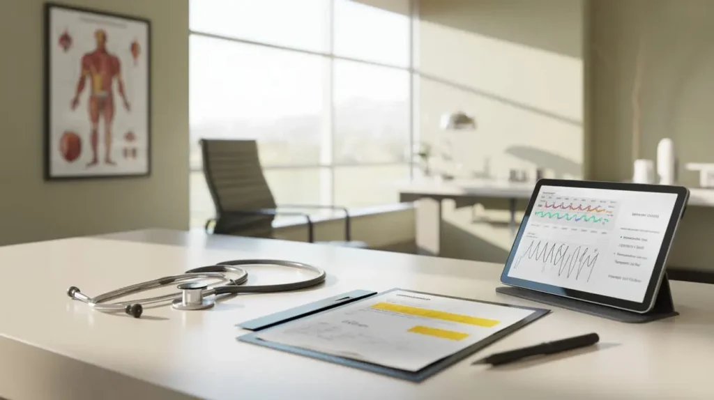 Medical workspace with body composition chart and hormone test results representing TRT treatment for low testosterone and obesity in men