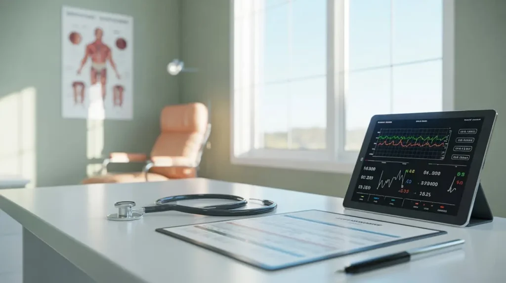 Medical desk with hormone test results and charts illustrating TRT treatment adjustments based on changing patient symptoms in a clinical setting