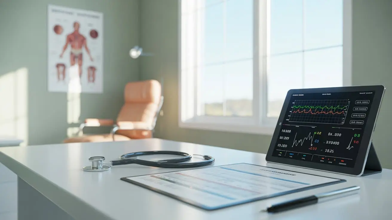 Medical desk with hormone test results and charts illustrating TRT treatment adjustments based on changing patient symptoms in a clinical setting