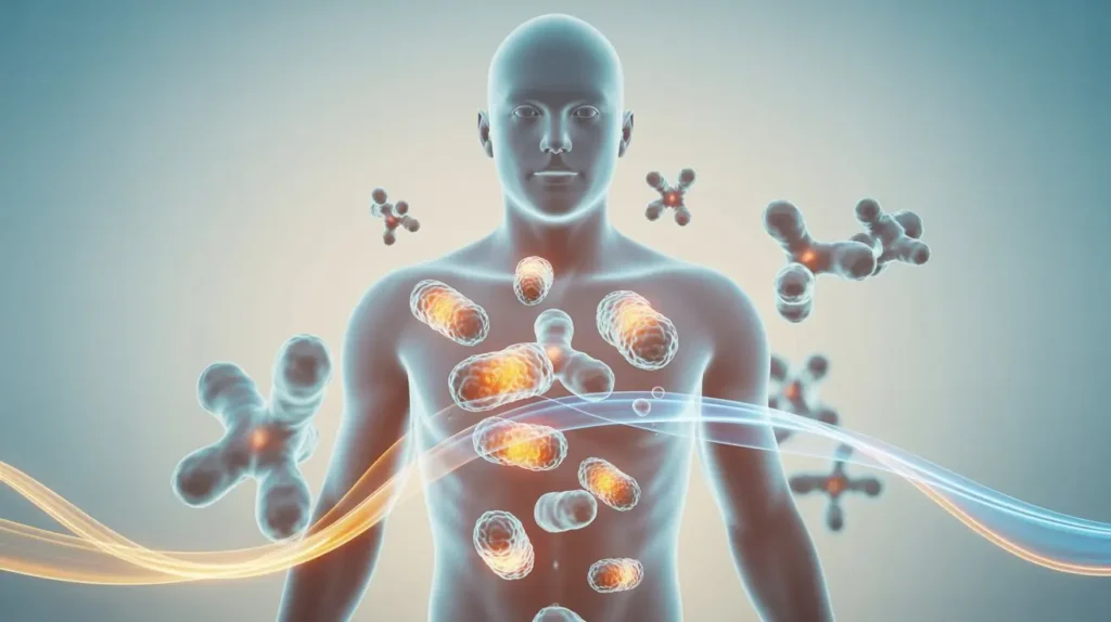 Abstract human body showing hormonal energy flow and cellular metabolism with glowing mitochondria in a clean medical visualization.