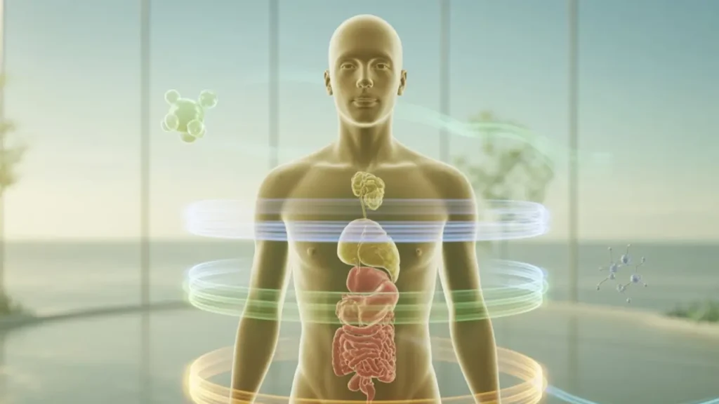 human body showing long-term hormonal balance and preventive health with glowing internal systems