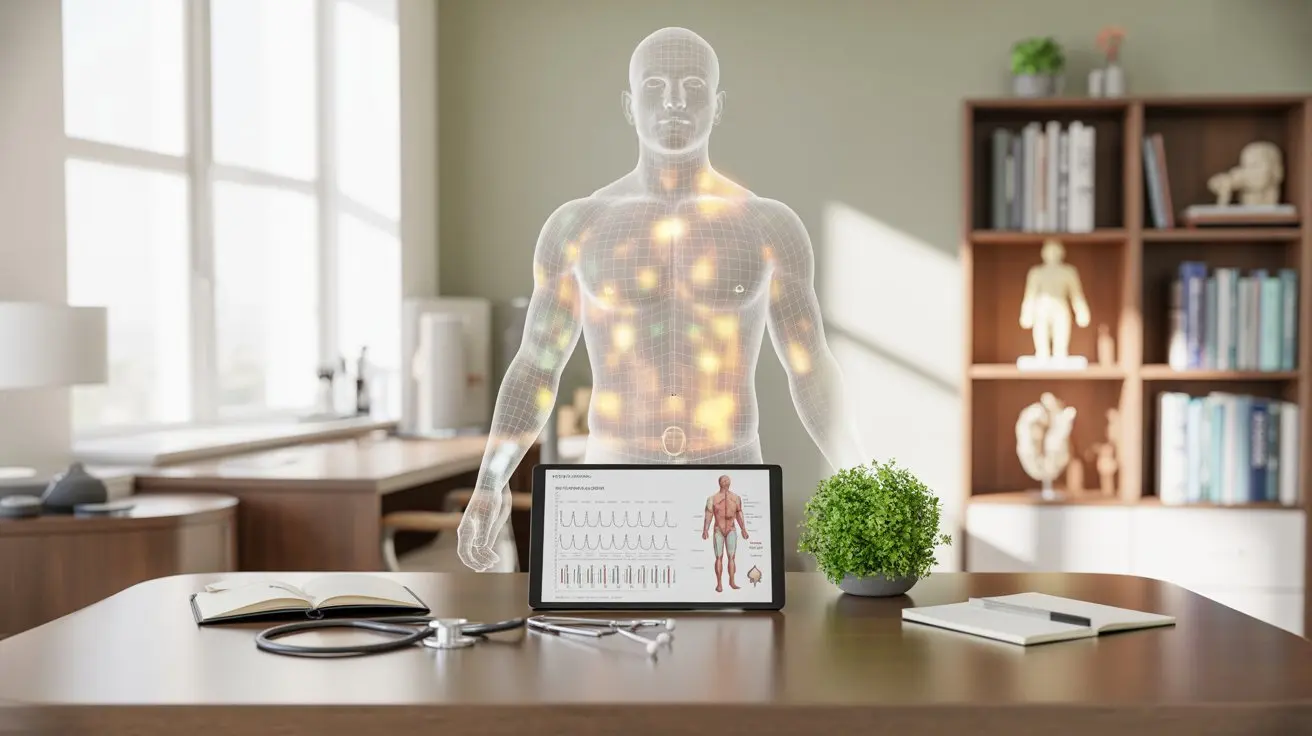 medical consultation room with hormone charts and male endocrine system illustration representing how male hormone therapy works inside the body over time